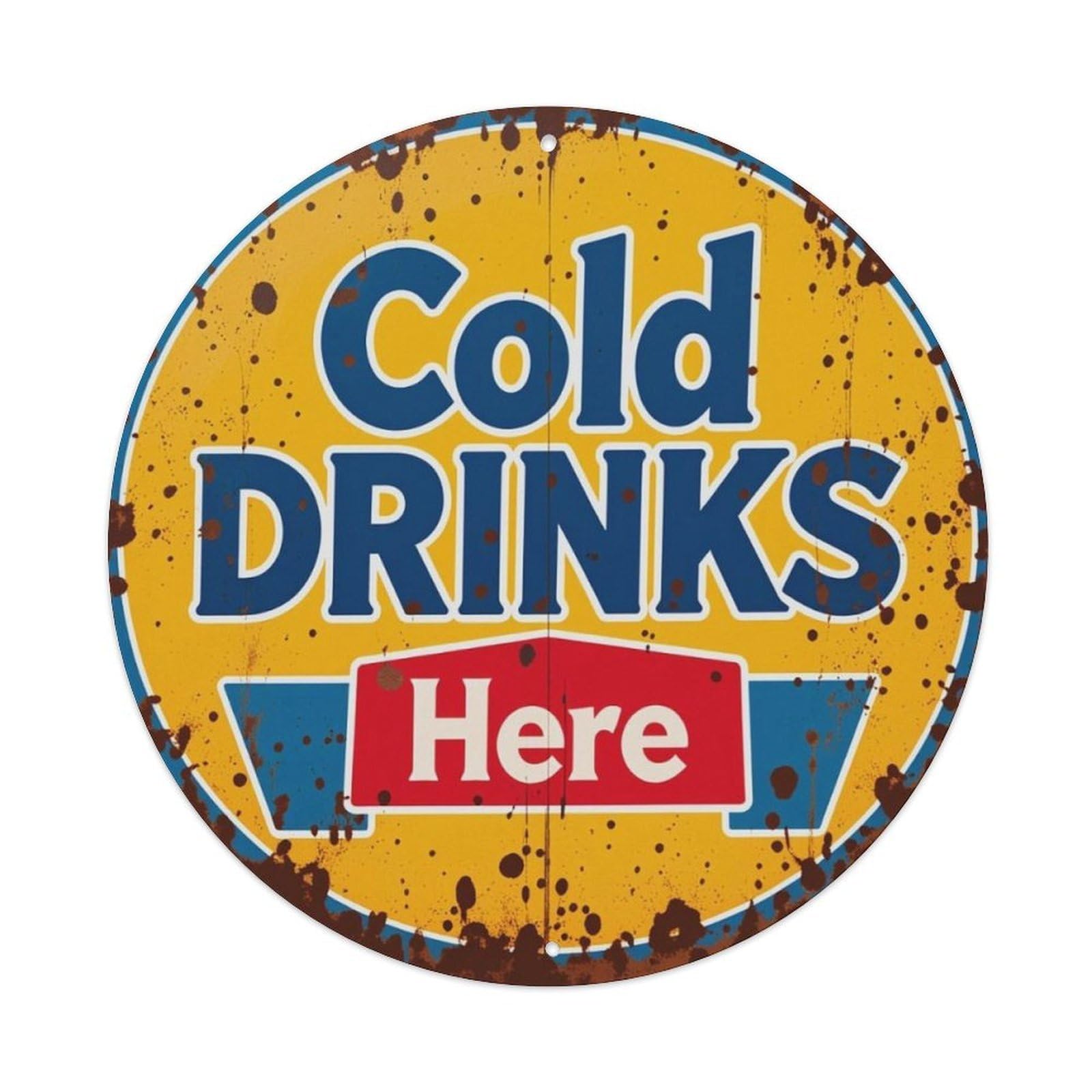 Vintage Rust Cold Drinks Here Color Round Wall Sign Vintage Aluminium Metal Sign, Retro Wall Decor for Home, Bar, Garage & Farmhouse 20x20cm