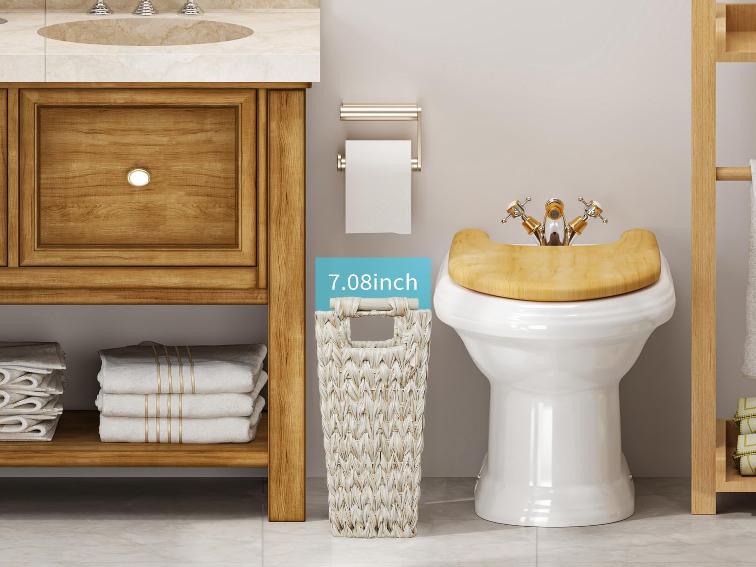 Toilet Paper Storage and Wicker Trash Can Cream White