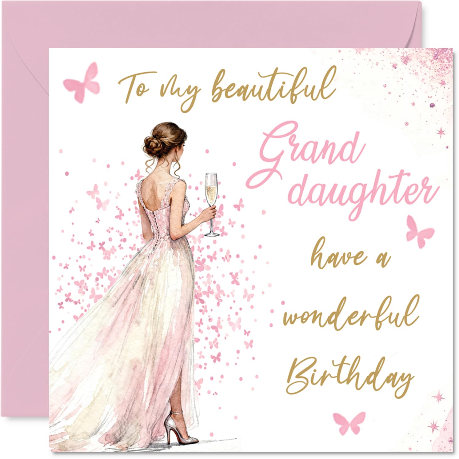 Heartfelt Birthday Card for Granddaughter - Celebratory Sparkle and Butterflies - Elegant Woman in Pink Dress Raising a Glass - 145mm Square, Envelope Included