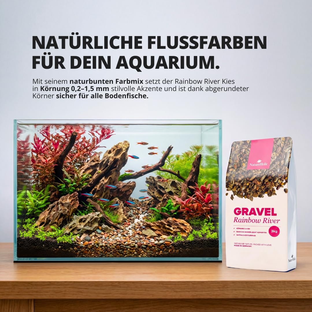 NatureHolic Naturkies Highwood River - Grauer Aquarium Kies - Natürlicher Flusskies für Aquarien mit feiner Körnung 2-4 mm - Perfekt für Naturaquarien, Bodengrund & Deko - 20kg