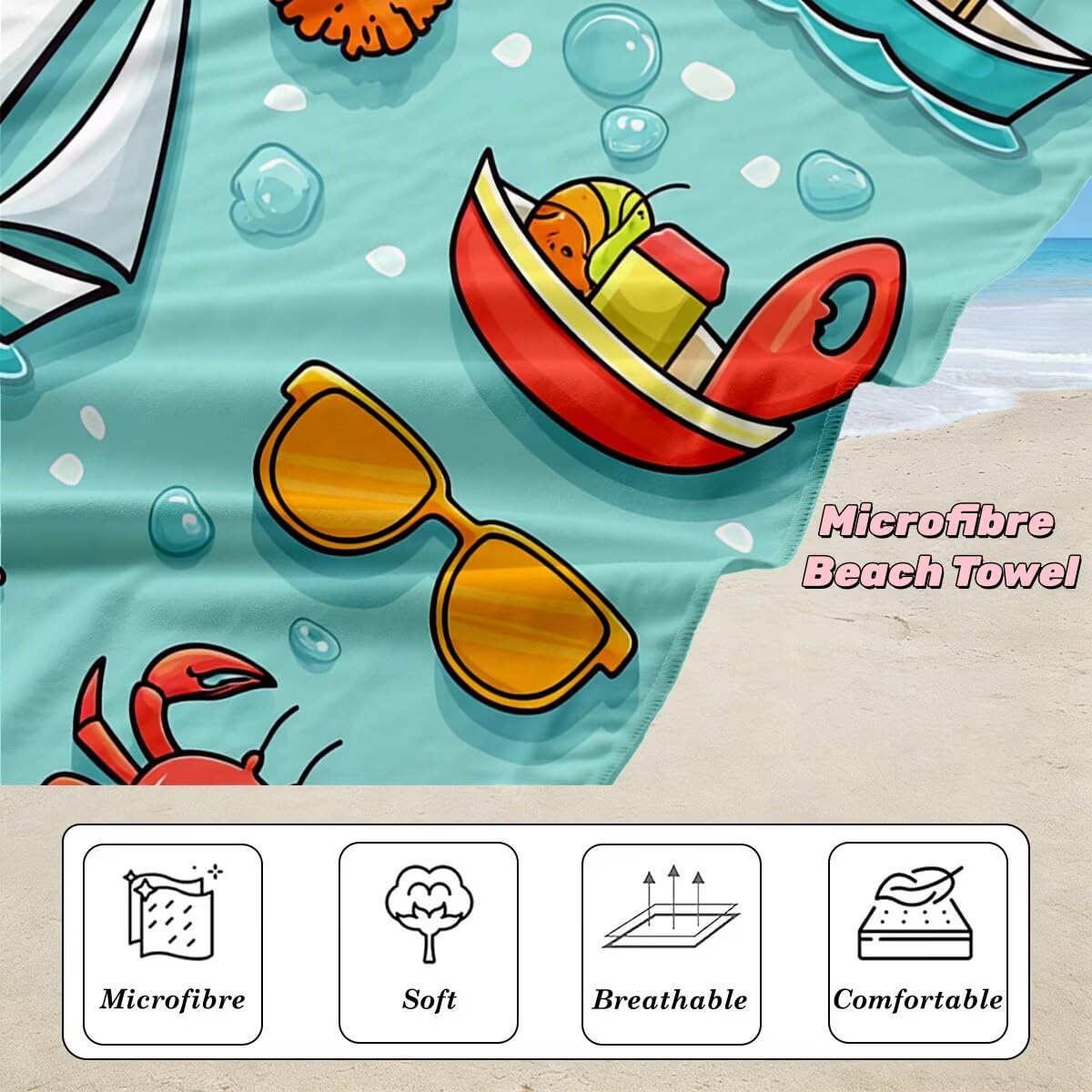 Serviette de Plage Microfibre, Lot de 2 Serviette de Bain Grande Taille 90x180 cm, Séchage Rapide Drap de Bain Crabe, Anti Sable Serviettes de Plage, Serviettes Microfibre Sport pour Travel -4778