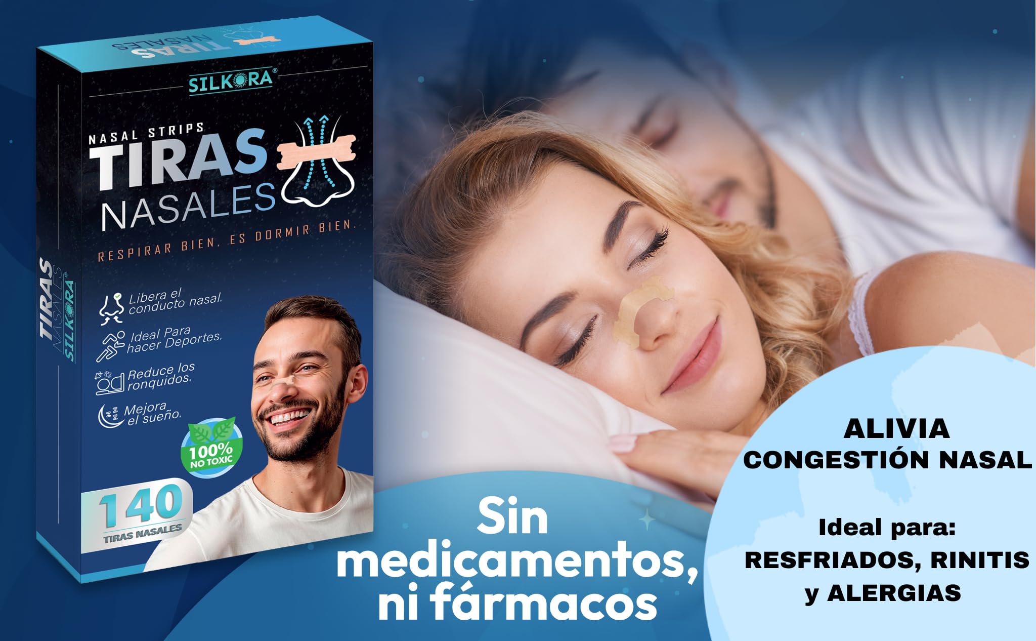 140-SUPER PACK| Tiras Nasales PREMIUM SILKORA® | Tiras nasales antirronquidos para Dormir| Alivian Congestión Nasal| Anti-ronquidos|Nose Strips|Breathe Right| Nasal Strips Respirar Mejor por la nariz