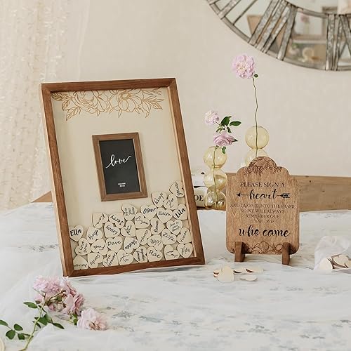 Miniatura 2 de NIKKY HOME Libro de invitados de boda alternativo con 60 corazones de madera, marco de fotos de 3.5 x 5 pulgadas, decoración rústica de boda para