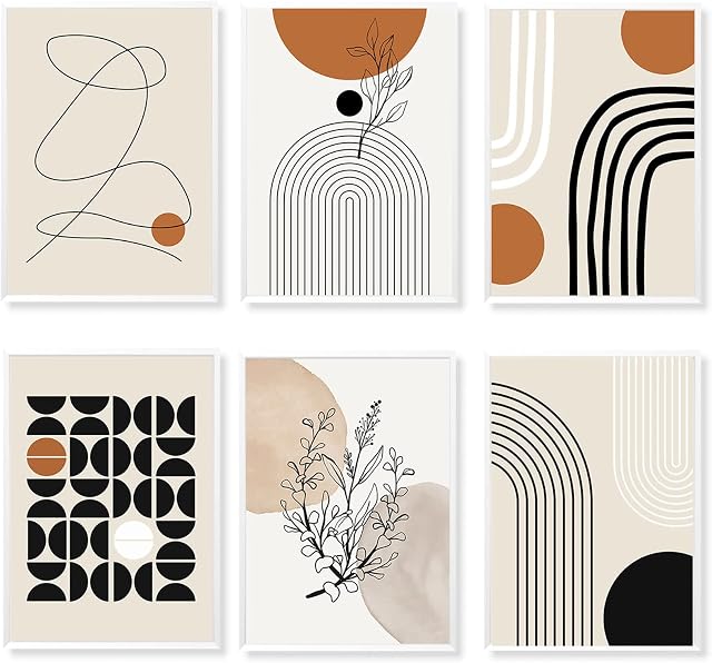 CANIPHA 6 Pcs Minimalist Boho Art Wall Decor, Abstract Boho Canvas Wall Art Geometric Wall Art, Line Art Leaf Wall Decor Exhibition Posters, Modern Paintings Pictures for Living Room Bedroom Gallery