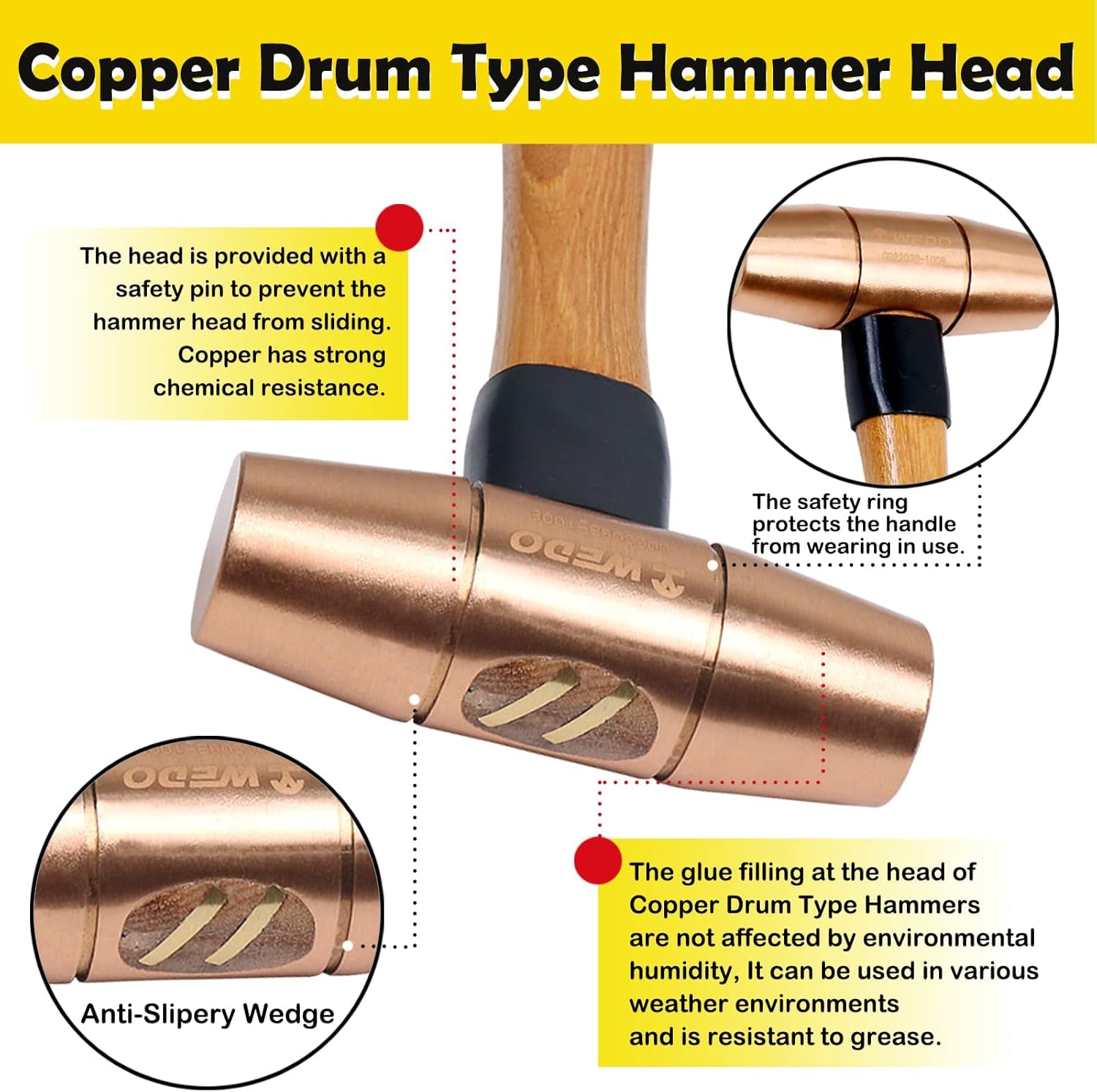 WEDO Copper Sledge Hammer 1-1/2lb,Solid Copper Mallet Hammer,Fiberglass Handle,Length 340mm,Die-Forged, Corrosion Resistant, DIN Standard