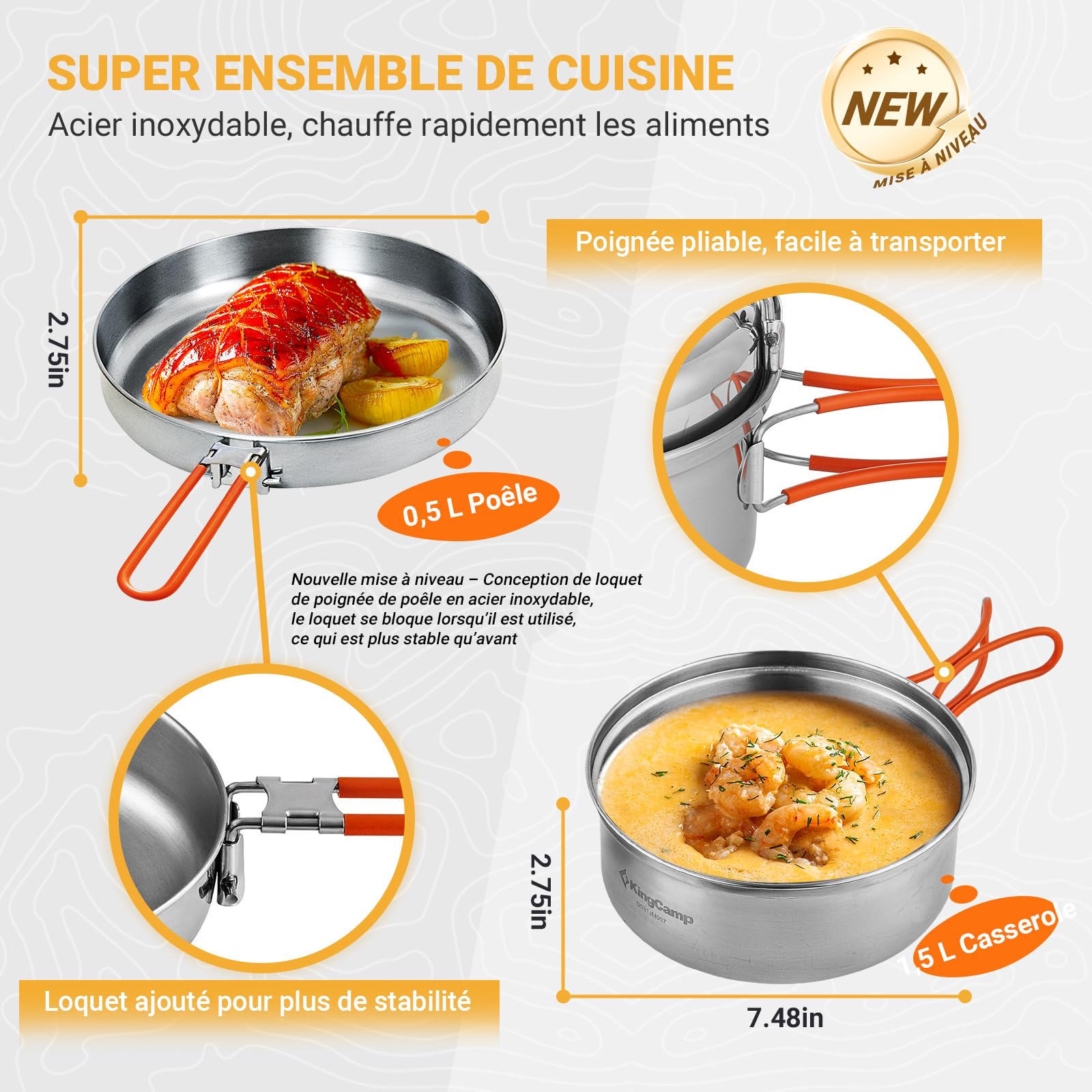 KingCamp Set de Cuisine de Camping, ustensiles de Camping ultralégers en INOX, Vaisselle Pliante pour Le Camping, idéale pour la randonnée, Les Pique-niques et la pêche
