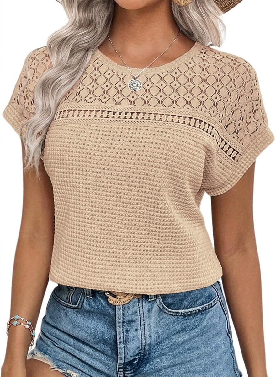 Chicrise Women's Summer Lace Short Sleeve Blouse - Round Neck Casual Elegant Crochet Top, beige, M