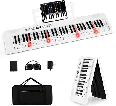 Costzon 61 Key Folding Piano Keyboard, Electric Digital Piano Keyboard with Lighted Keys, MIDI, Headphones, Sustain Pedal & Carrying Bag, Portable Keyboard Piano for Beginners Adults White