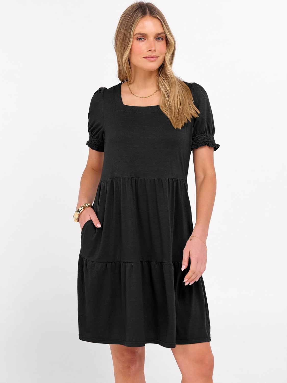 ANRABESS Women Summer Square Neck Puff Short Sleeve Mini Dress 2026 Casual Flowy Sundress Beach Vacation Clothes with Pockets - Image 5