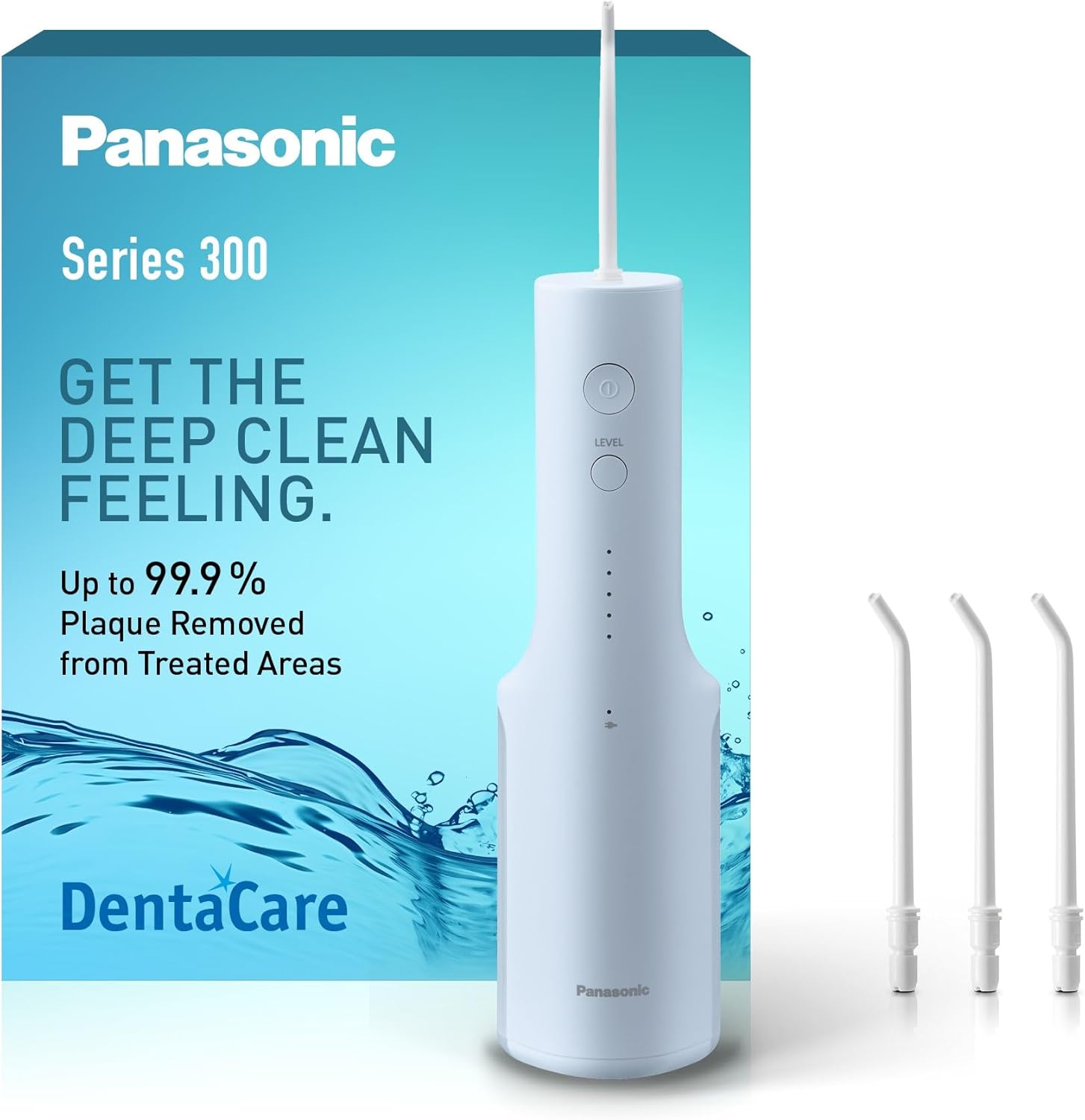 Panasonic Series 300 Hydropulseur Dentaire Ultrasonique EW-DJ27-A303, Jet dentaire, Irrigateur Oral, 200ml, IPX7, 4 Embouts Standard, 5 Réglages de Pression, Accessoire de Voyage, Bleu