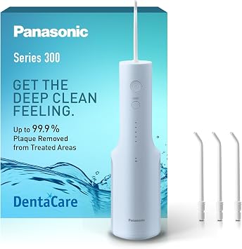 Panasonic Series 300 Oral Irrigator EW-DJ27-A311, Water Flosser for Teeth, 200ml, IPX7, 4 Regular Nozzles, 5 Pressure Settings, Travel Accessory, Blue