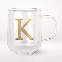 COLLECTIVEHOME Double Wall Insulated Glass Coffee Mug 14oz with Handle - Personalized Monogram K Gold Foil, Perfect Gift