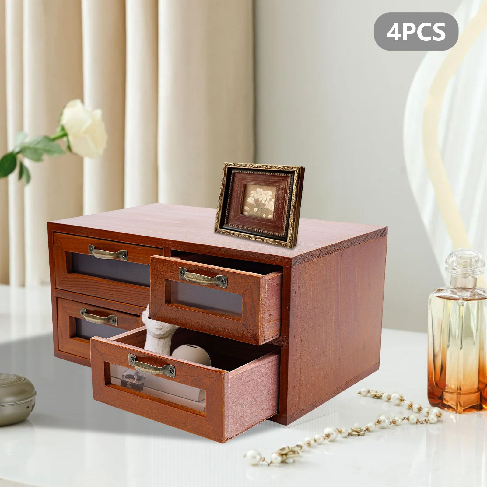 4er-Set Schubladen Holz Schreibtisch-Schubladen-Organizer Mini Kommode mit Schubladen Vintage Schubladenschrank für Schlafzimmer, Büros, Wohnzimmer