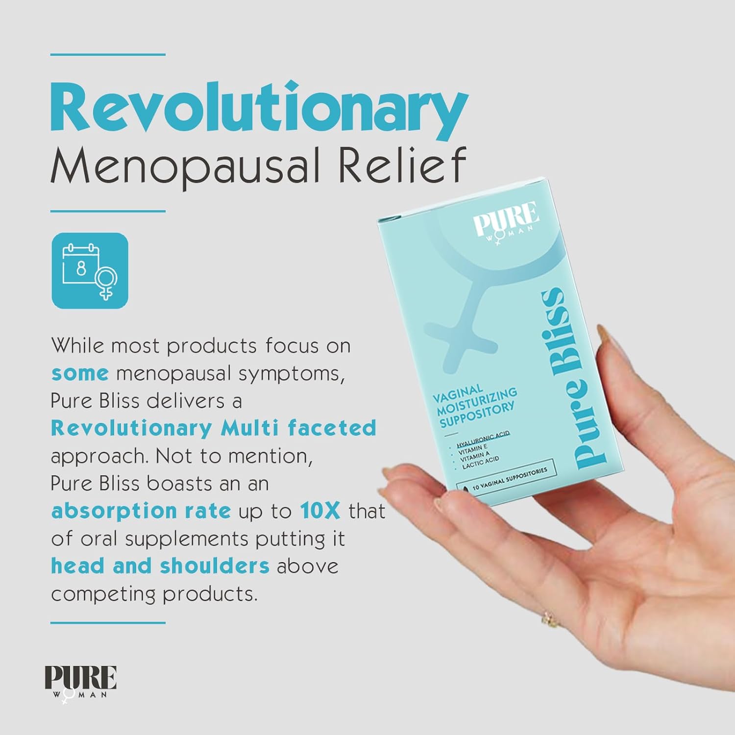 PURE WOMAN - Pure Bliss - Vaginal Moisturizing Suppositories - Hyaluronic Acid, Vitamin E, Vitamin A, Lactic Acid - Supports Vaginal Moisturization - Long Lasting Comfort & Sensitivity Relief - 10 Pk - Image 7