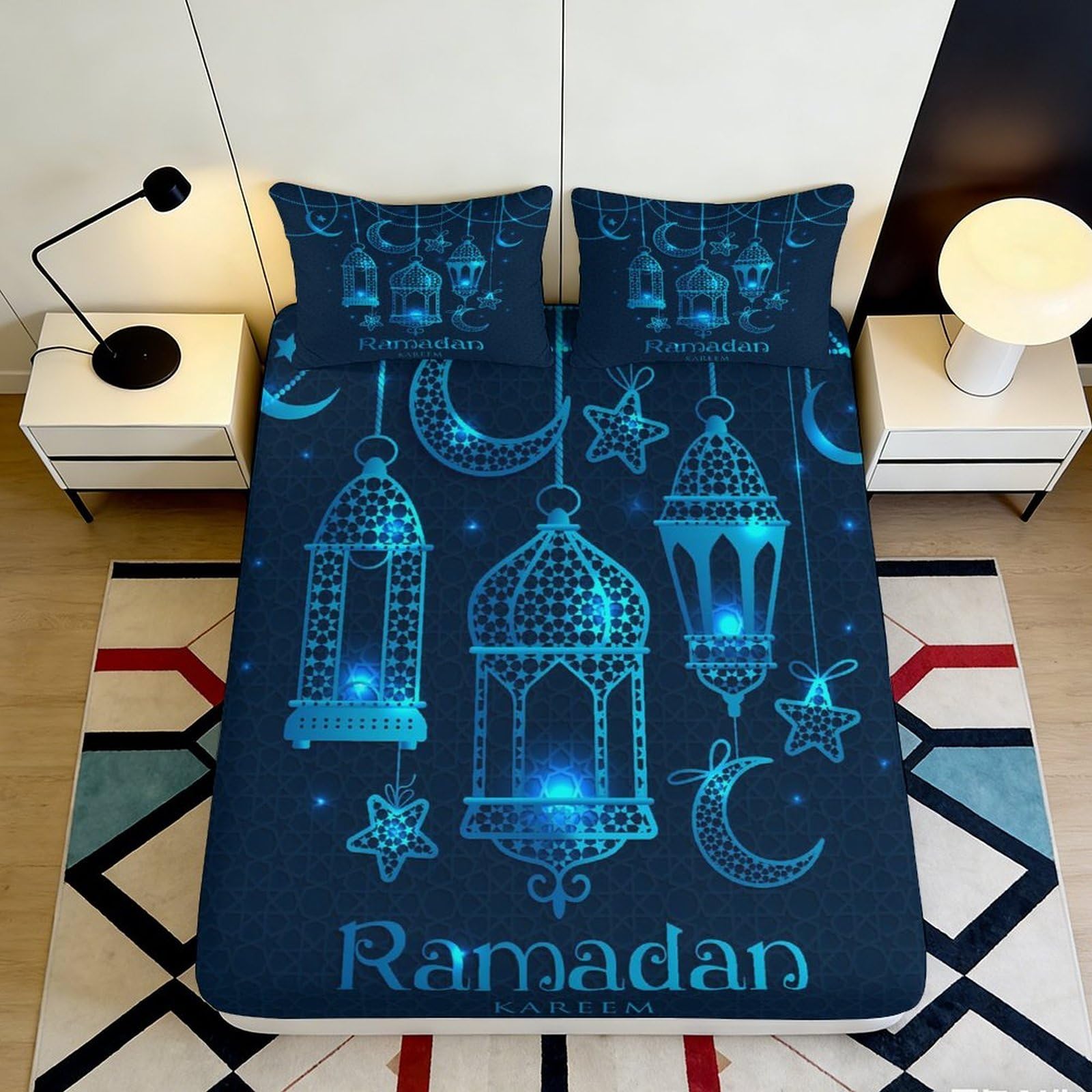 3D Printed Moon Lantern Pattern Fitted Sheet Microfiber Deep Pocket Non-Slip Bedroom Bedding Moon Lantern Mattress Fitted Cover for Adults Teens 200x200x25cm 90x200x25cm