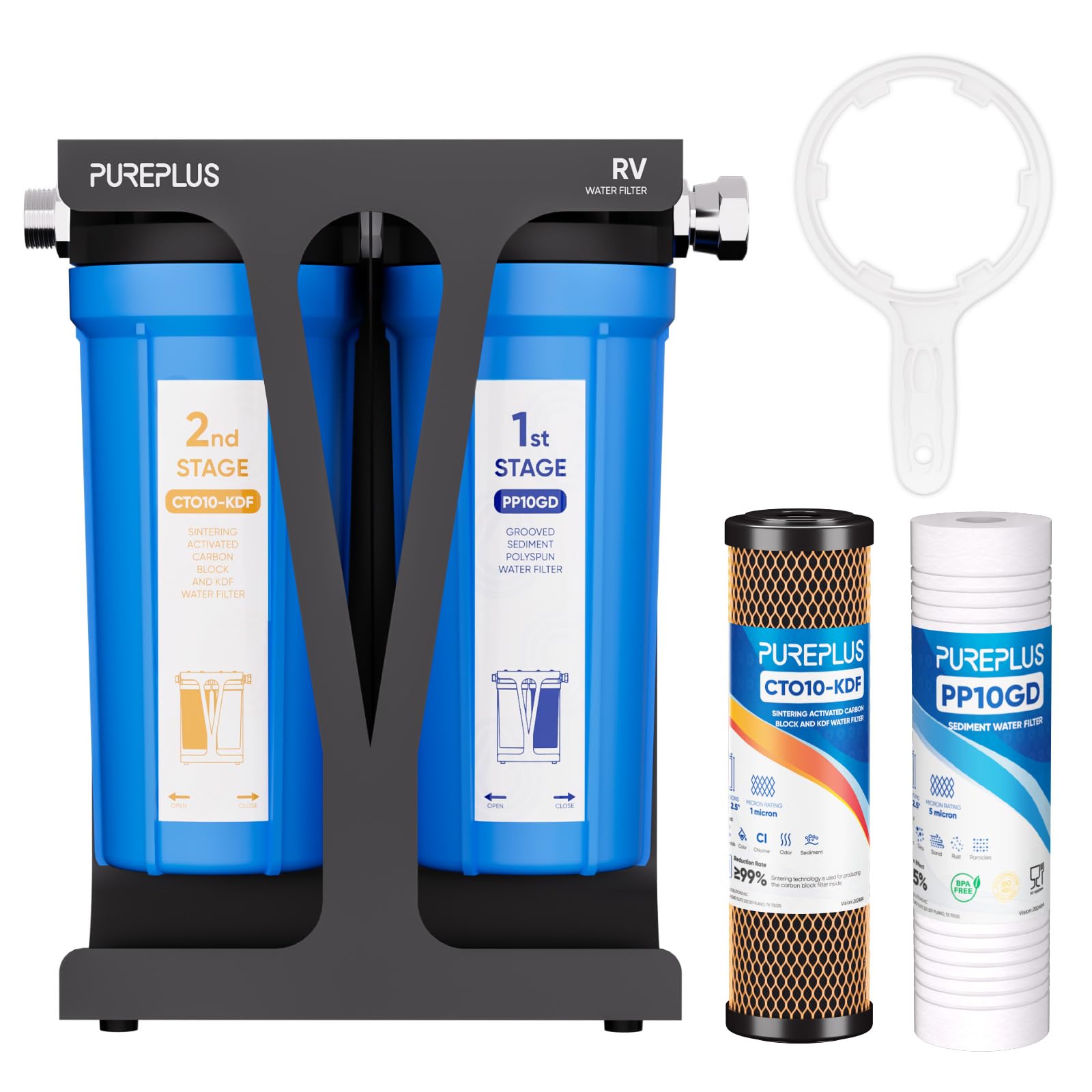 PUREPLUS RV Dual Stage Water Filter, KDF/Carbon &amp; Sediment, 3/4" Fittings