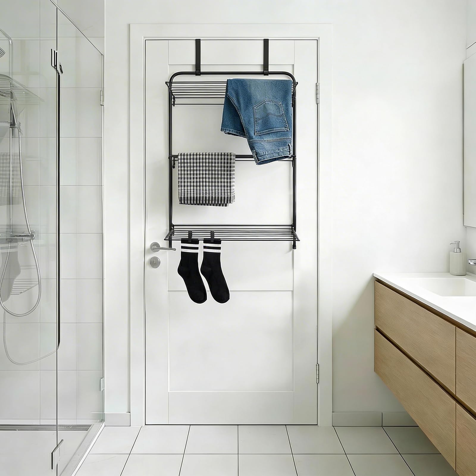 Ohs Black Over Door Clothes Drying Rack, Tiered Foldable Drying Rack Easy To Pull And Open Over Door Airer Indoor Outdoor Multi-Tiered Design Clothes Airer,