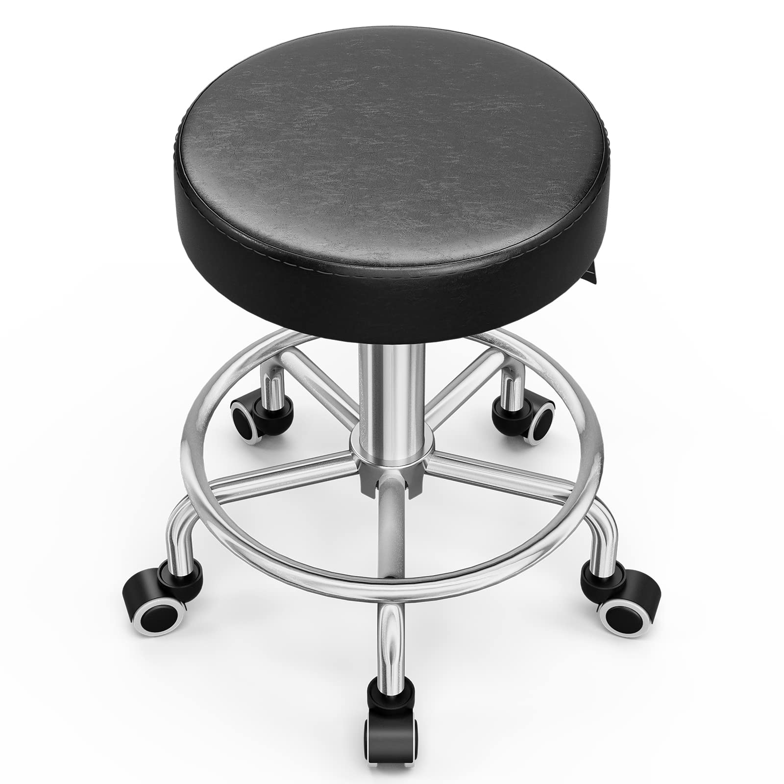 OKAKOPA Rolling Stools with Wheels, Round Height Adjustable Drafting Chair,  360 Swivel Spa Salon Bar Stool with PU Leather, Black