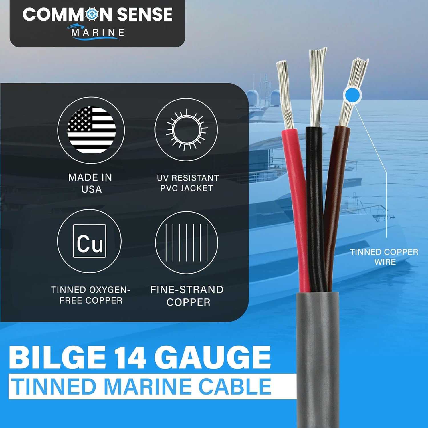 14 Gauge 3 Conductor Triplex Marine Grade Wire - 30 ft Tinned Copper Oxygen-Free Insulated - PVC, Boat, Automotive, Speakers, Camper & Trailers