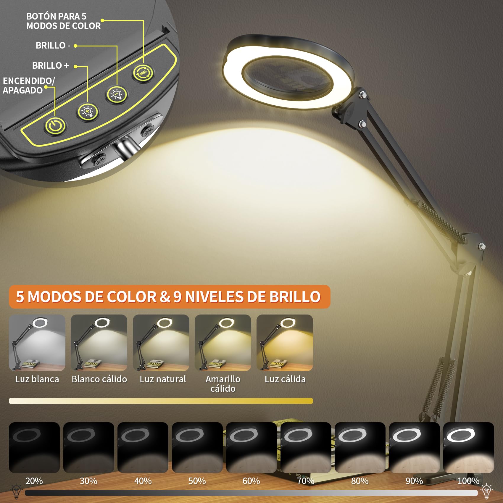 15X 10X Lupas de Gran Aumento con Luz, Lupa con Luz Soporte y Abrazadera, Lupa con Luz mit 84 Led, 5 Modos de Color y 9 Niveles de Brillo para Manualidades Leer Libros Coser Cuentahilos