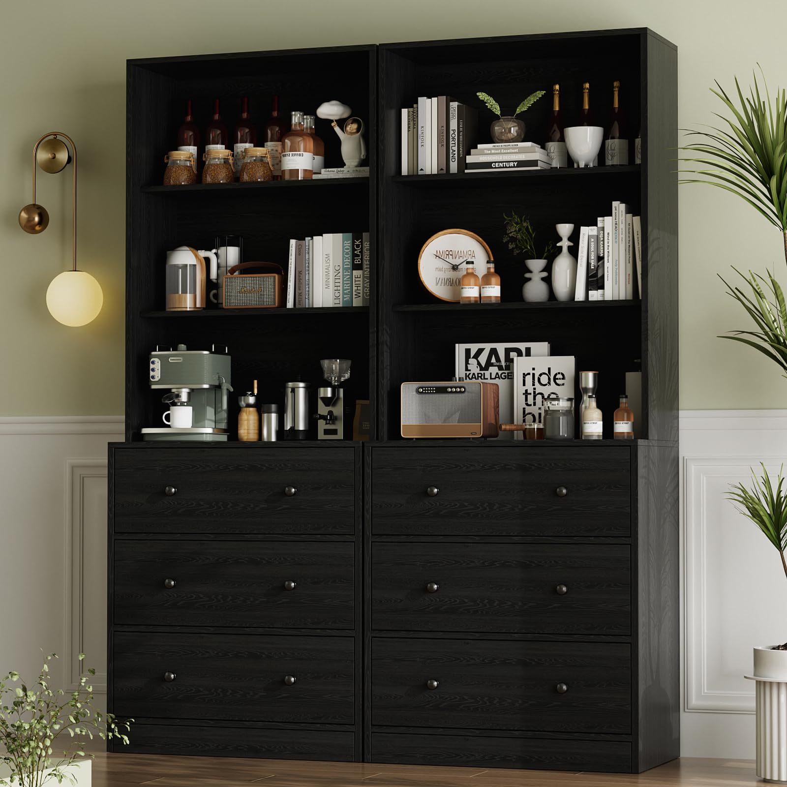 VOWNER 4PSC Großer TV-Schrank mit Bücherregalen für Fernseher bis zu 70 Zoll, 280 cm Long tv Ständer mit gehärteten Glastüren und Einlegeböden, fernsehschrank für Wohnzimmer, 2A+2C (Schwarz)