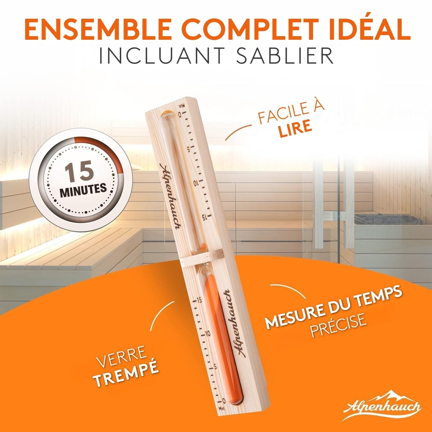 ALPENHAUCH Seau de sauna avec cuillère à pelle [100 % bois naturel] – Seau de sauna élégant avec sablier et thermomètre – Accessoires de sauna durables – Set de seaux à verser (seau de sauna avec