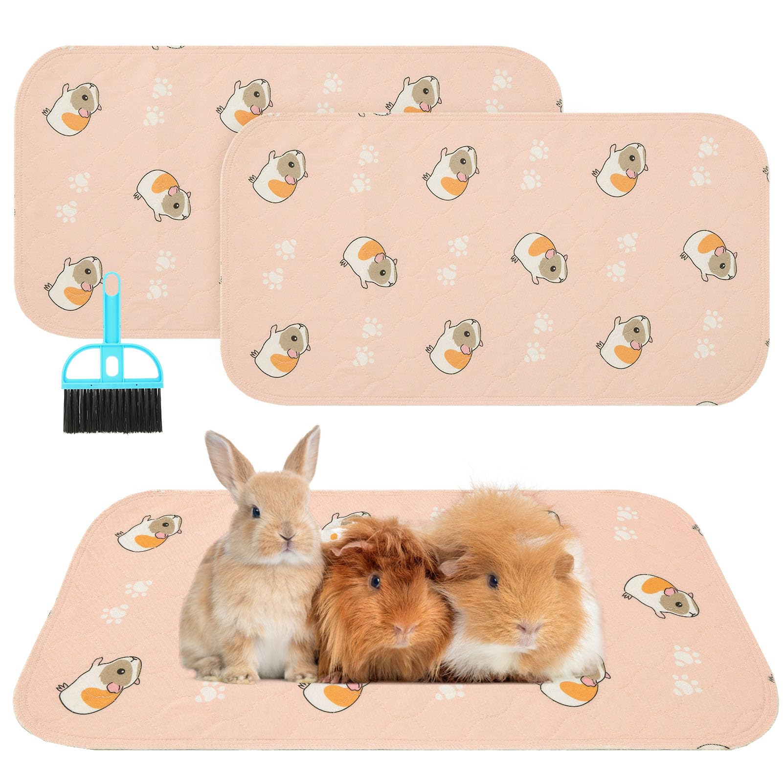 Scenereal Guinea Pig Cage Liner 2 Packs with Cleaning Brush, Fast Water Absorption Reusable Washable Pee Pads