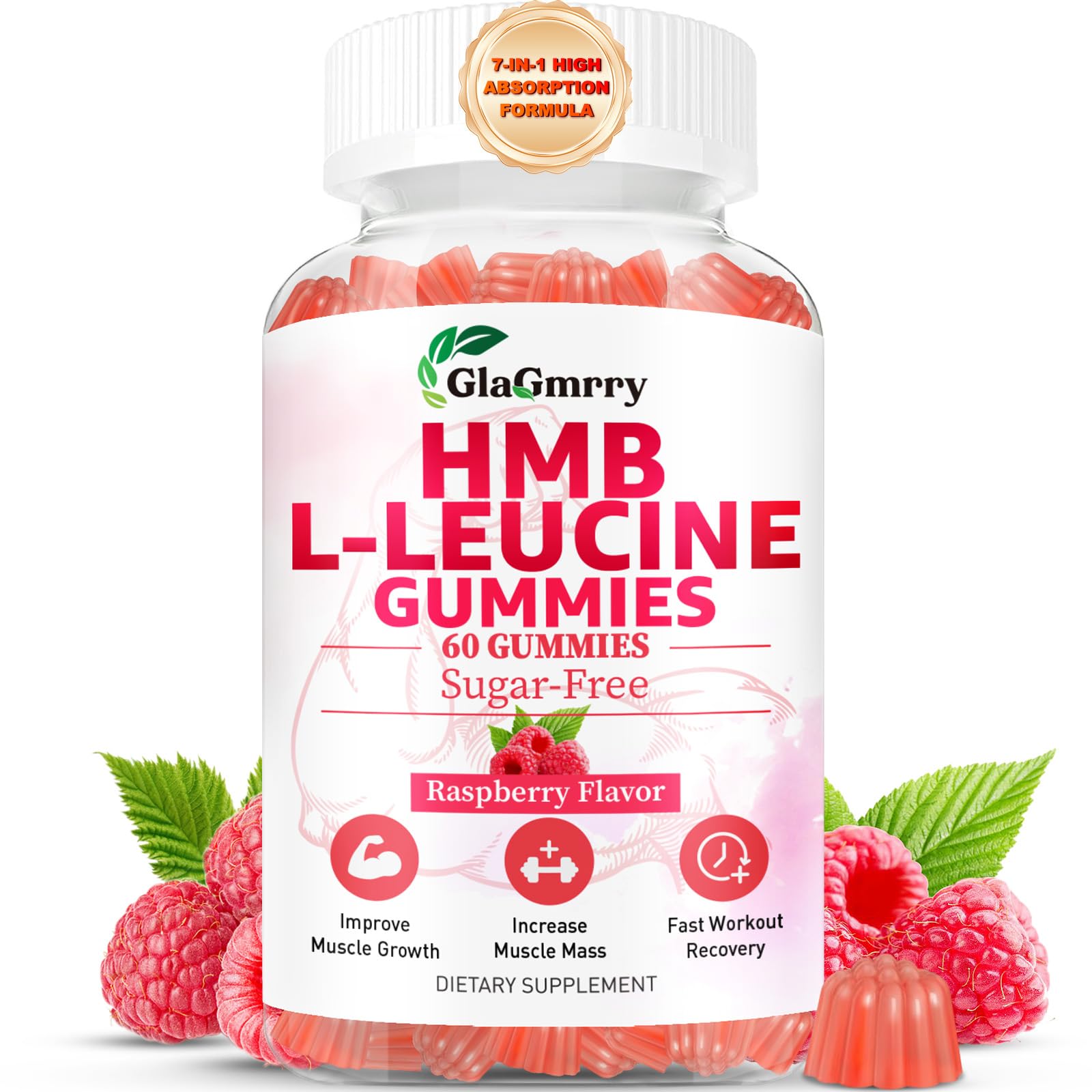 GlaGmrry HMB and Leucine Gummies, HMB & Leucine Amino Acid for Muscle Growth, Muscle Relief, HMB Supplements for Men & Women, Vegan, Non-GMO, Raspberry Flavor, 60 Count