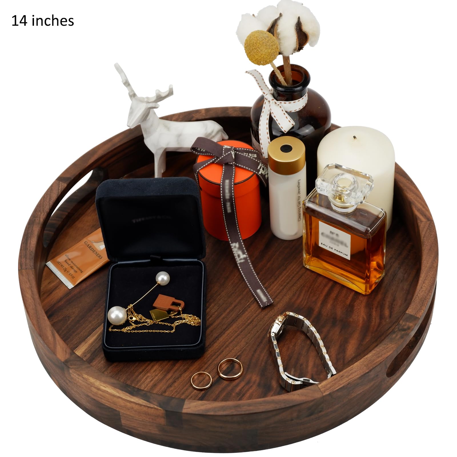 Set mit 2 großen, runden schwarzen Walnussholz-Tabletts mit Griffen, für Tee, Kaffee, klassisches rundes Serviertablett aus Holz, 40,6 und 45,7 cm