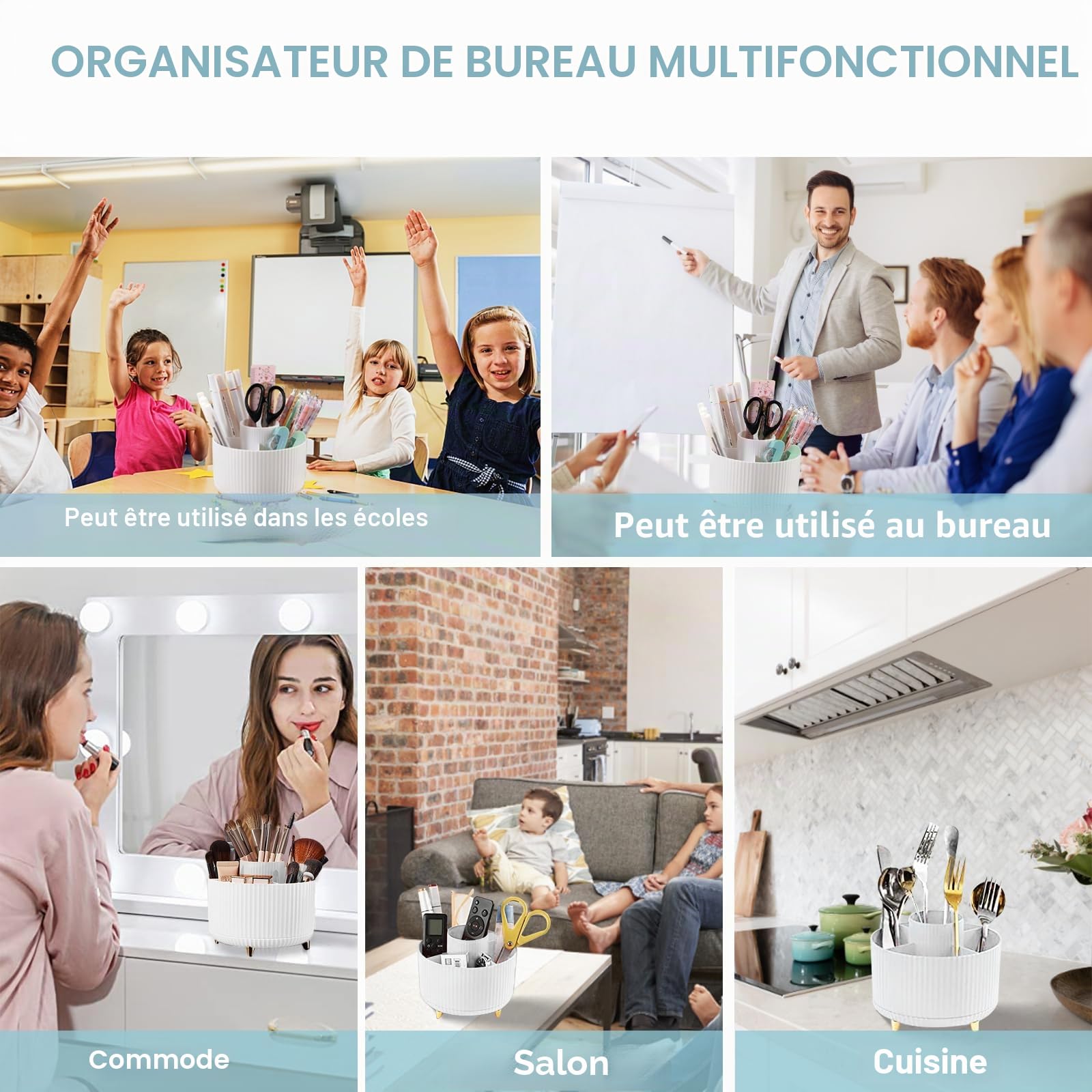 Cayxenful Organisateur De Bureau Rotatif à 360°,Pot A Crayon avec 5 Compartiments,Organiseur De Papeterie pour Le, l'école, Les Crayons A Domicile (Blanc)