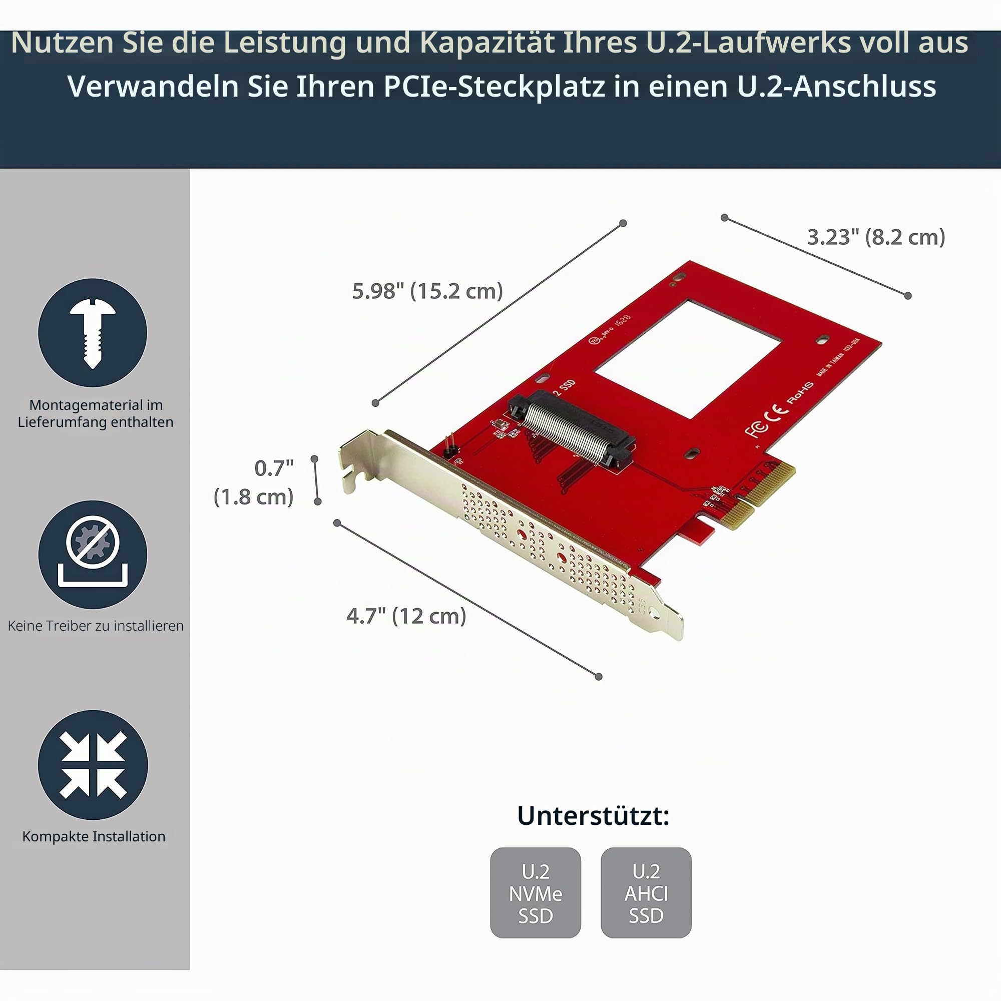 StarTech.com U.2 auf PCIe Adapter für 2,5" NVMe SSD SFF 8639 4x PCI Express 3.0 Karte Schnittstellenadapter 6,4 cm 2.5" Ultra M.2 Card x4 Rot