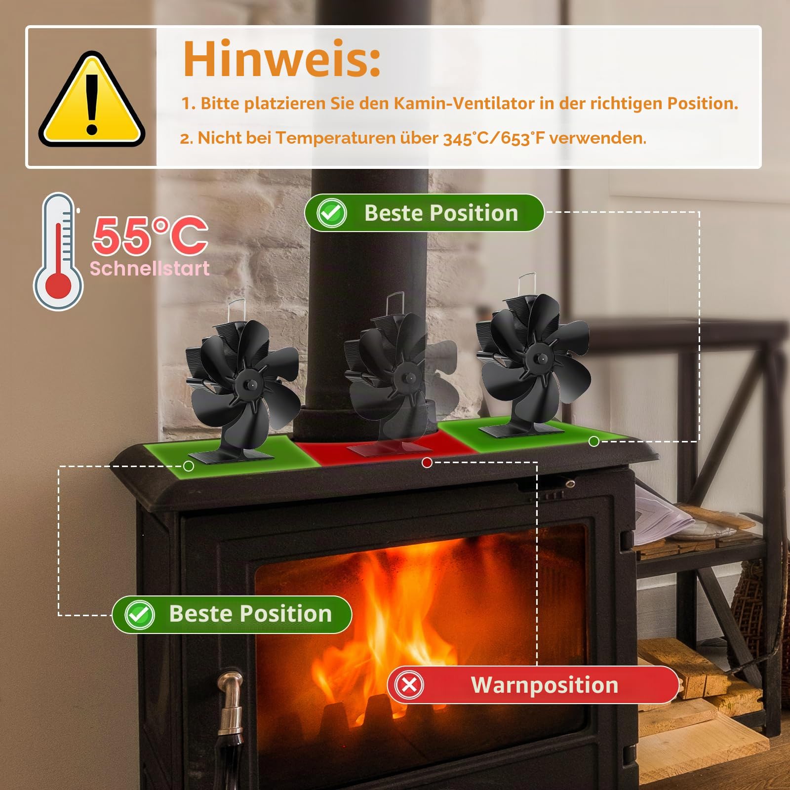 Hanaoyo Kaminventilator, Ofenventilator Ohne Strom Leiser Betrieb, Wärmebetriebener Kamin Ventilator mit 1 Ofenthermometer, Effiziente Wärmeverteilung Kaminlüfter für Holz/Holzbrenner/Kamin
