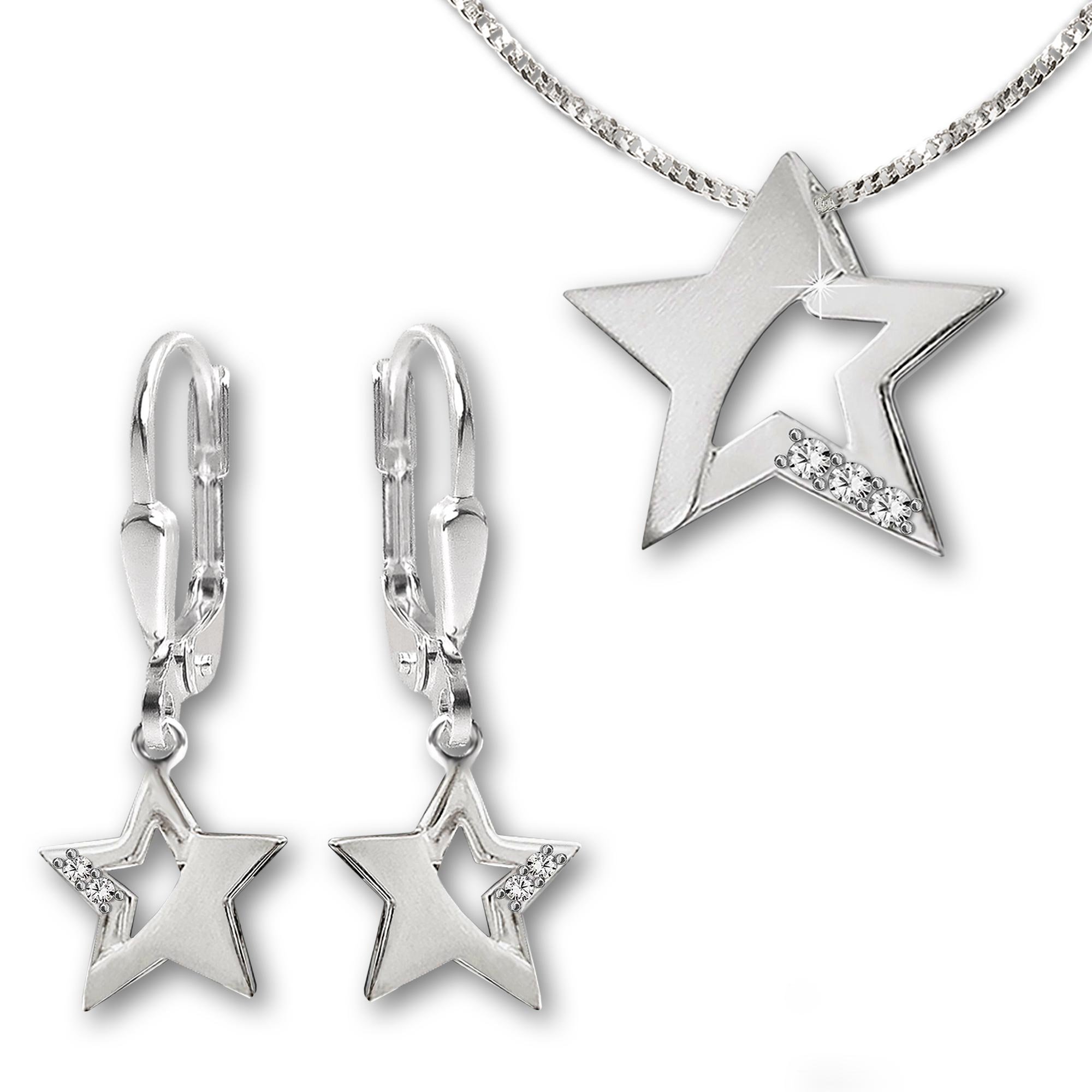 CLEVER SCHMUCK Set für Damen Sternen Ohrringe + Anhänger Stern + Panzerkette 45 cm mit Zirkonias 925 Sterling Silber im Etui anthrazit