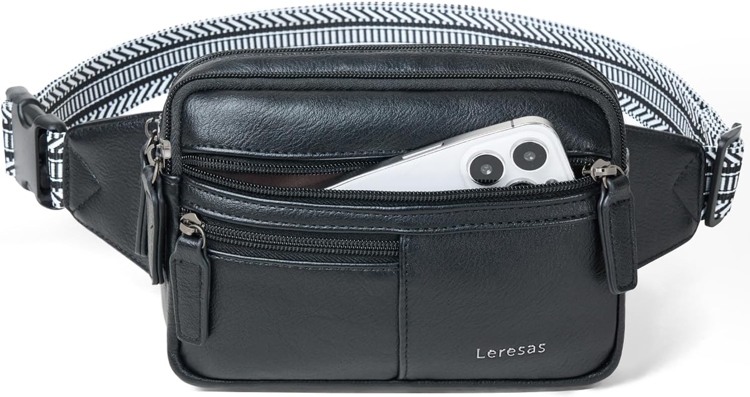 Leresas Fanny Packs for Women Vegan Leather Belt Bag Chic Cross Body Waist Pack Waist Purse for Travel Hiking Running Black