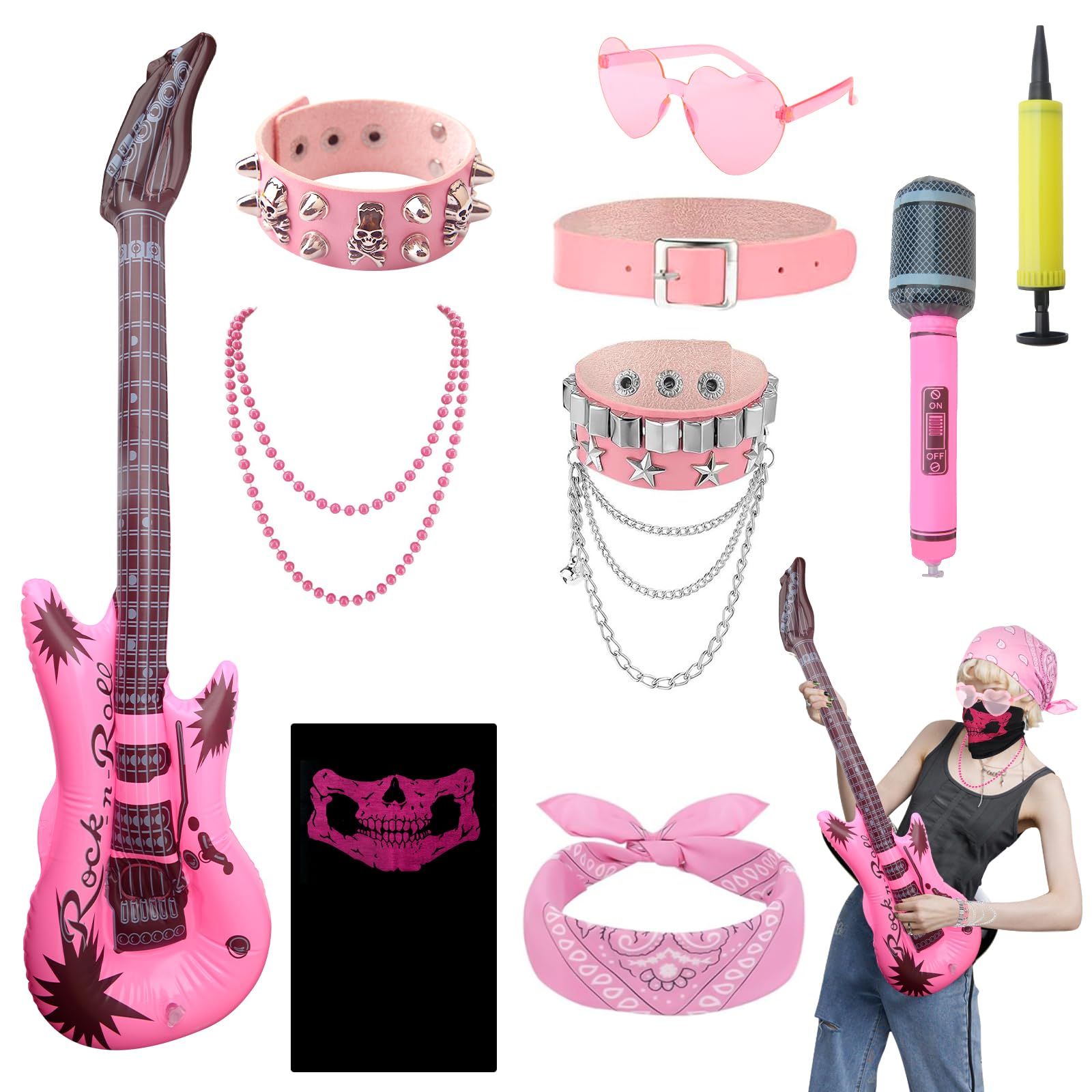 10PCS Rockstar Fancy Dress for Kids Rocker Costume Set Punk Rockstar Accessories Gothic Rocker Costumes Set Rock Heavy Metal Accessories Rockstars Costume for Women Men Halloween 80s Disco Party