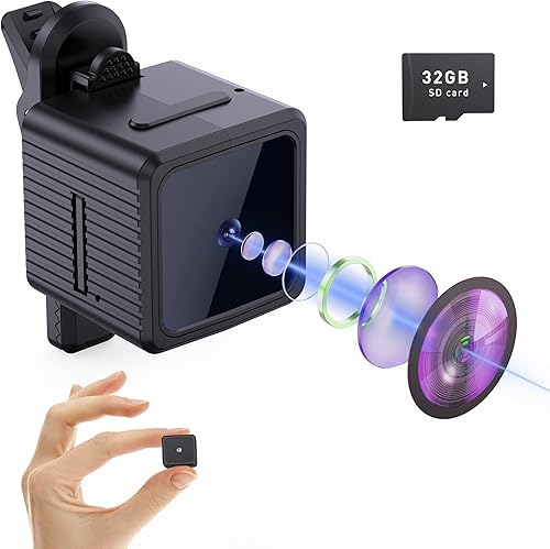 Aufoya Mini cámara espía - Cámara oculta con tarjeta SD de 32 GB, niñera Cam 1080P con visión nocturna y detección de movimiento, cámaras pequeñas