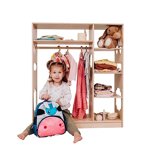 WoodandHearts Open wooden Wardrobe for Kids - Montessori wardrobe - Wooden organizer (Champion+)