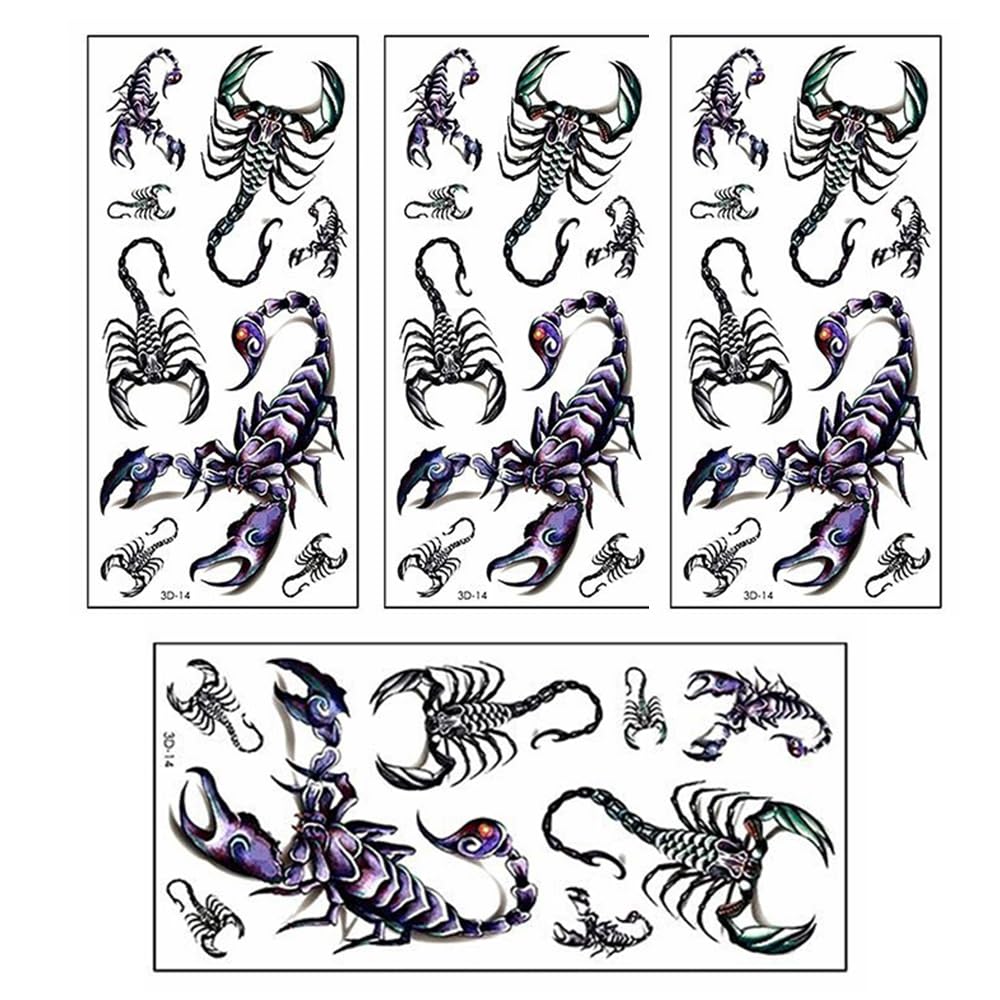 4 Pcs 3D Scorpion Temporary Tattoos Temporary Tattoos Stickers Fashionable Fake Tattoos Removable Waterproof Body Art Tattoo Stickers for Men Women Teens Girls Boys (Scorpion)