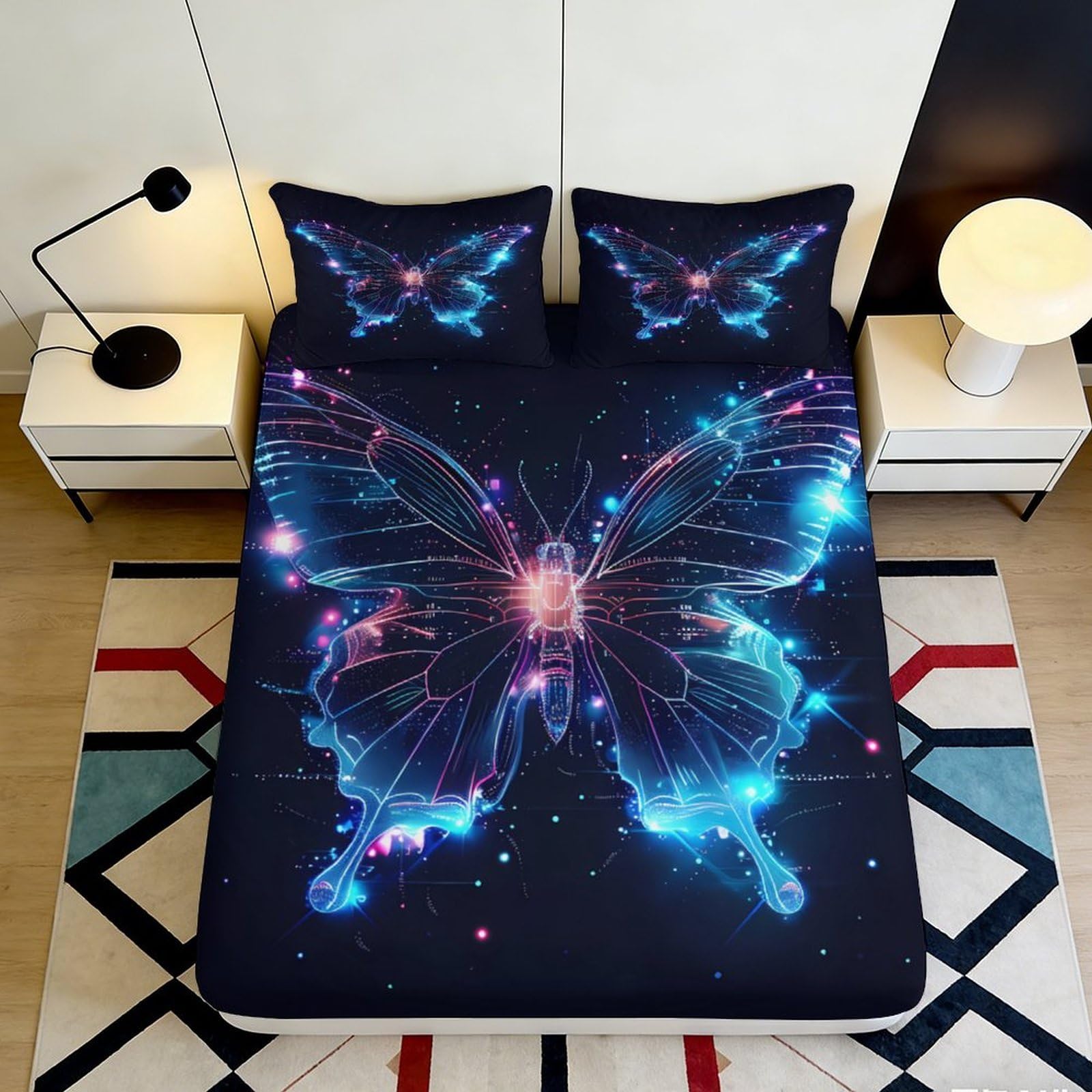 3D Printed Neon Butterfly Fitted Sheet Microfiber Soft Breathable Galaxy Bed Cover for Bedroom Dormitory Guest Room Mattress Protection Decor 120x200x25cm