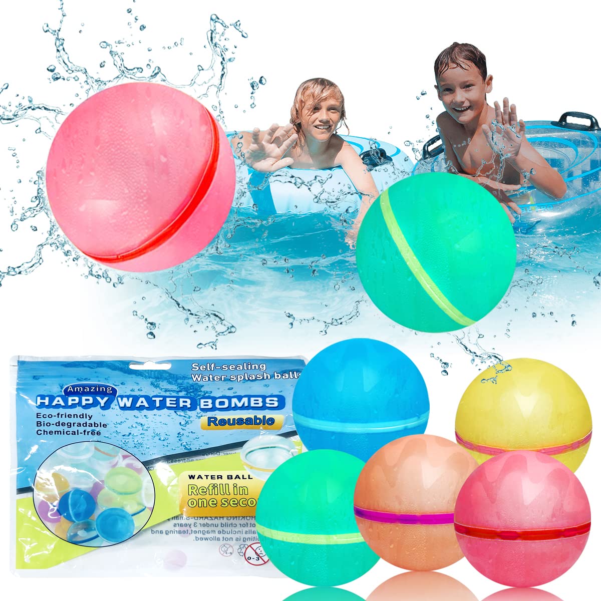 Peekoal Reusable Water Balloons, 6 PCs Latex-Free Silicone Water Balloons,Water Bomb Refillable for Water Games Outdoor Summer Fun Party