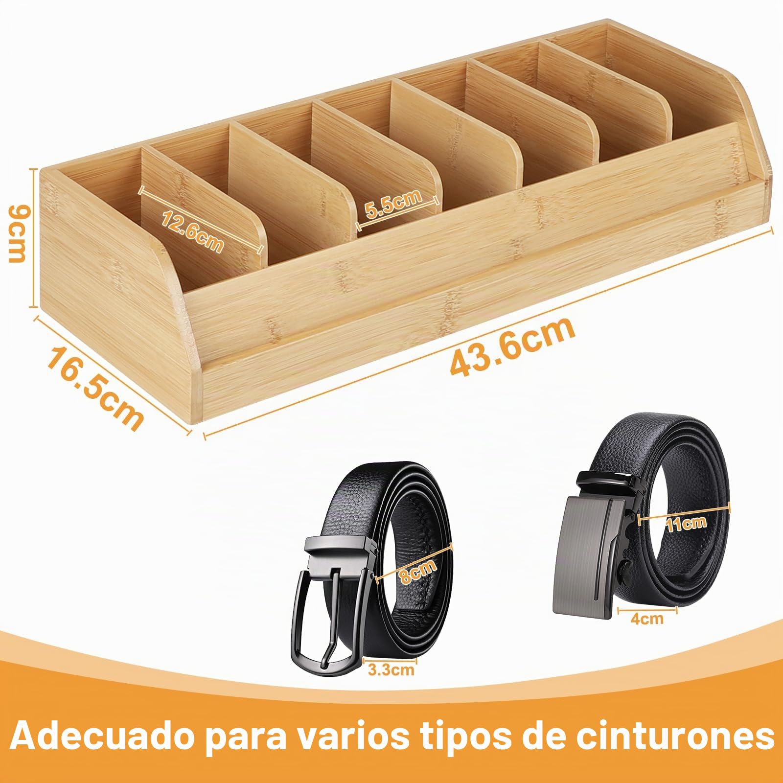 DBREAKS Organizador de Cinturón de Bambú - 7 Compartimentos, Caja de Almacenamiento para Armario y Cajón (Color Madera Original)