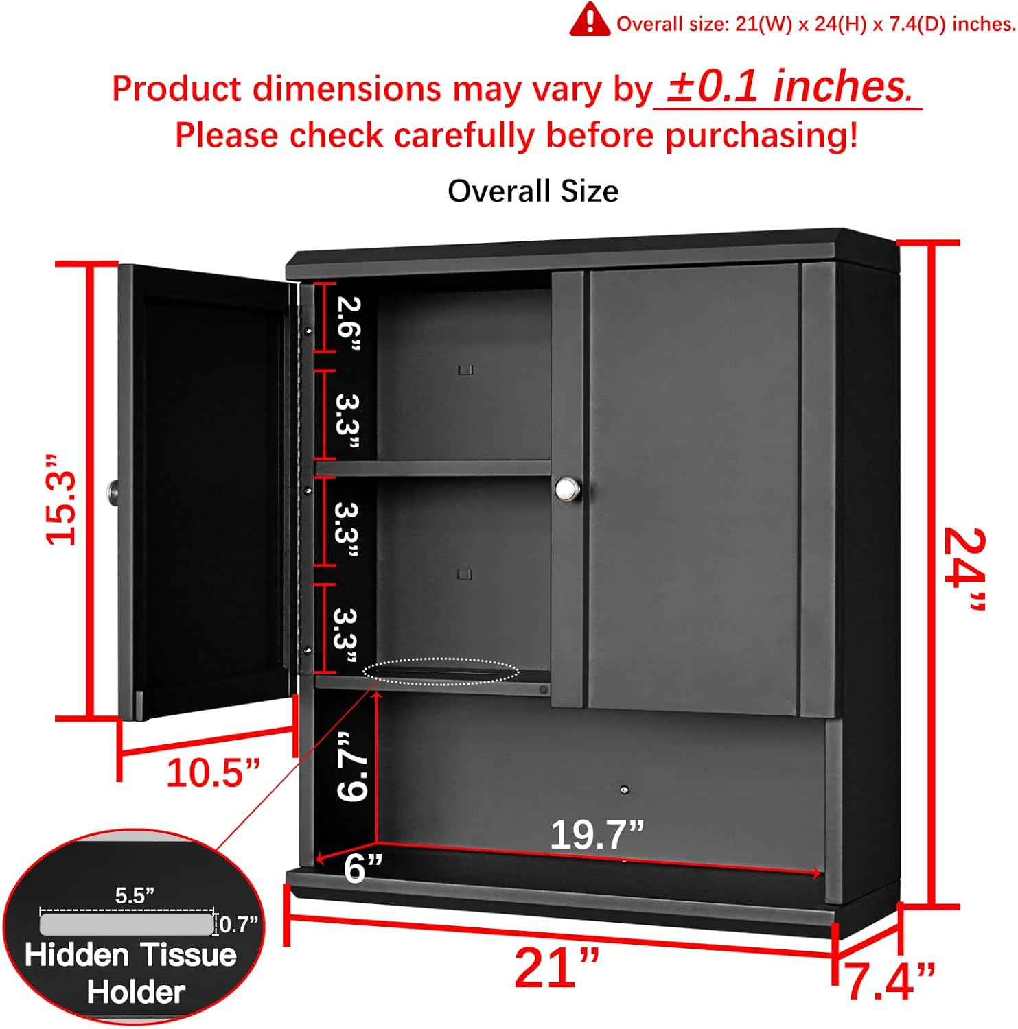 Fundin Black Bathroom Wall Metal Cabinet with Hidden Tissue Slot & Adjustable Shelves, Over The Toilet Storage Cabinet for Bathroom Laundry Room