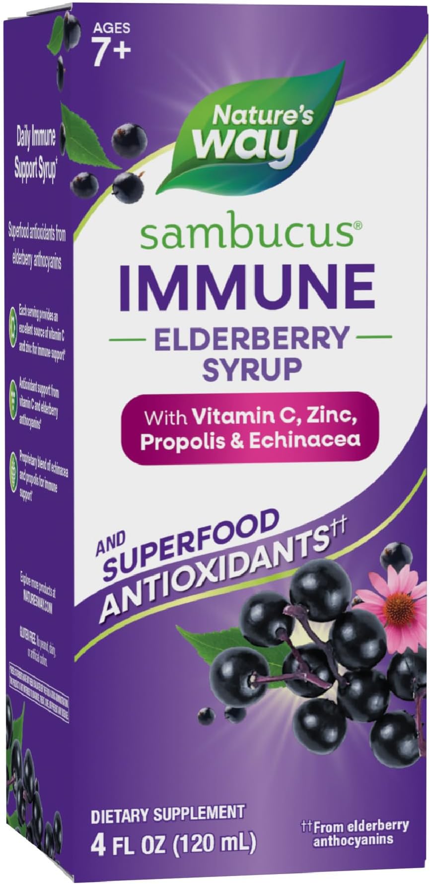 Sambucus Immune Elderberry Syrup, Elderberry Extract, Vitamin C, Zinc, Echinacea, Propolis, Daily Immune Support*, Superfood Antioxidants(1), Gluten Free, 8 Fl Oz (Packaging May Vary)