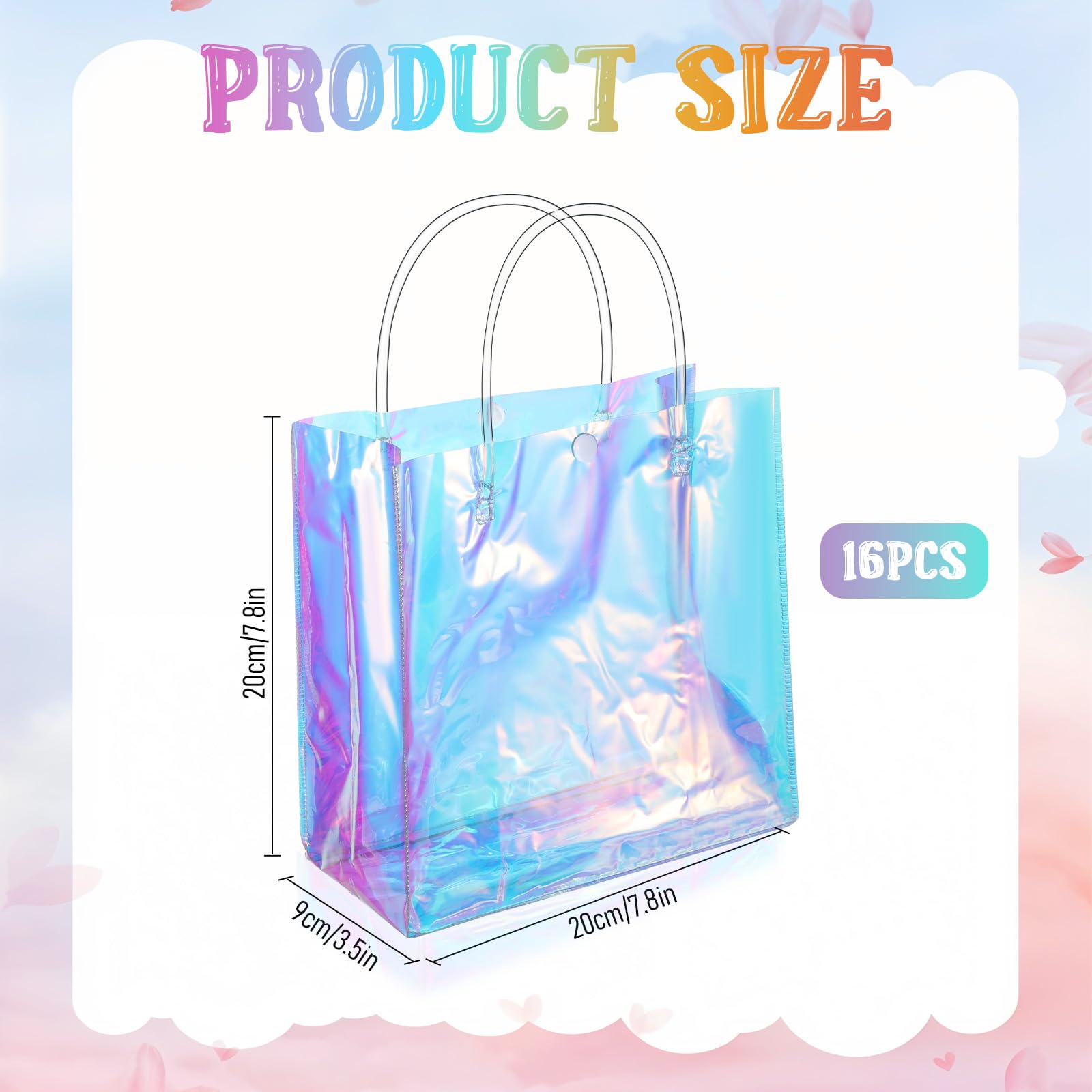 Yuanan 16 PCS Holographic Gift Bags, Iridescent Gift Bags Reusable Pvc Gifts Wrap Bag Clear Gifts Bag with Handles for Shopping Christmas Holiday Party Favor(7.8 X 7.8 X 3.5 Inch, Rainbow)