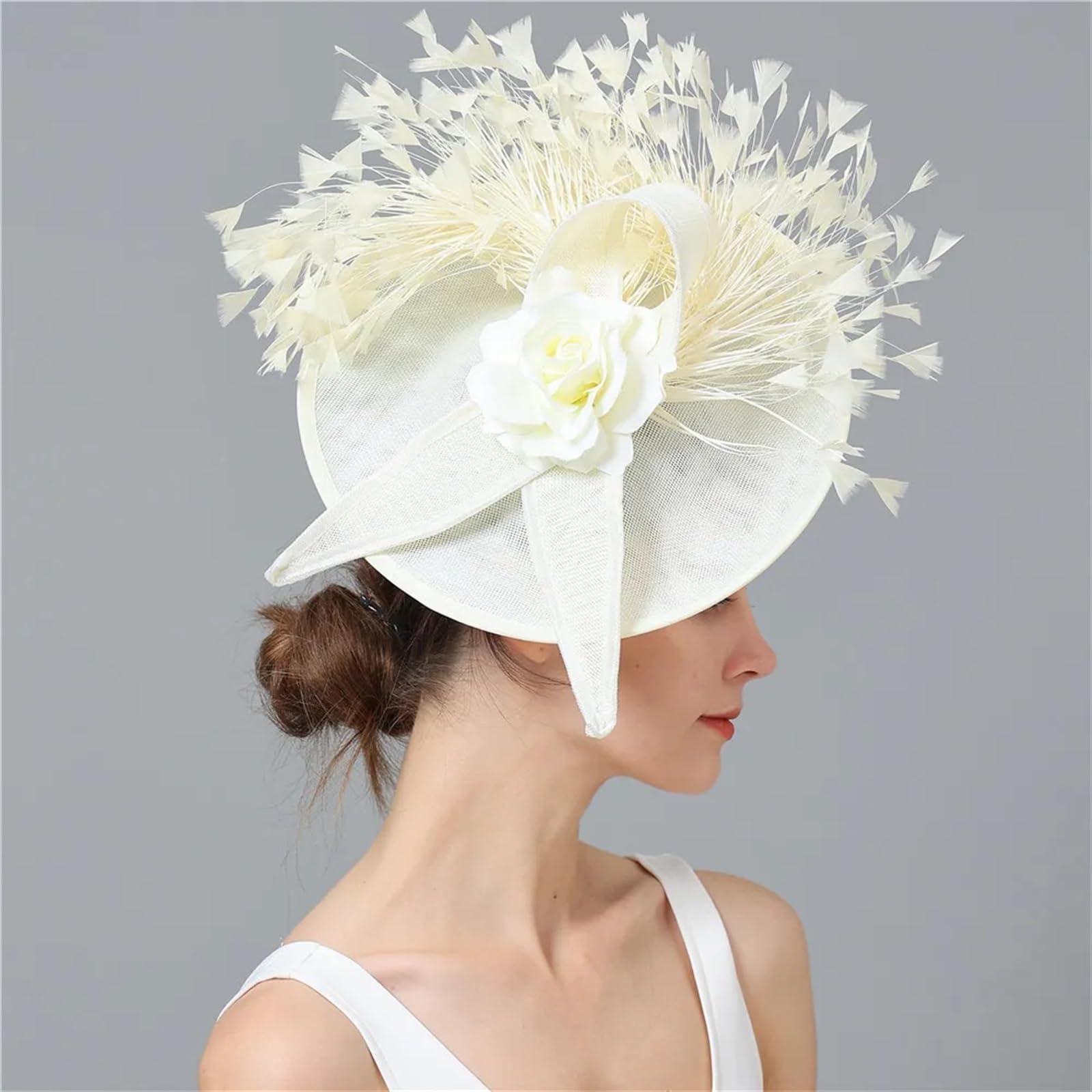 Chapeau Bibi Pour Femme - Style Vintage Années 20 Et 50 - Élégant - En Maille - Avec Fleur Et Plumes, Beige, Taille Unique