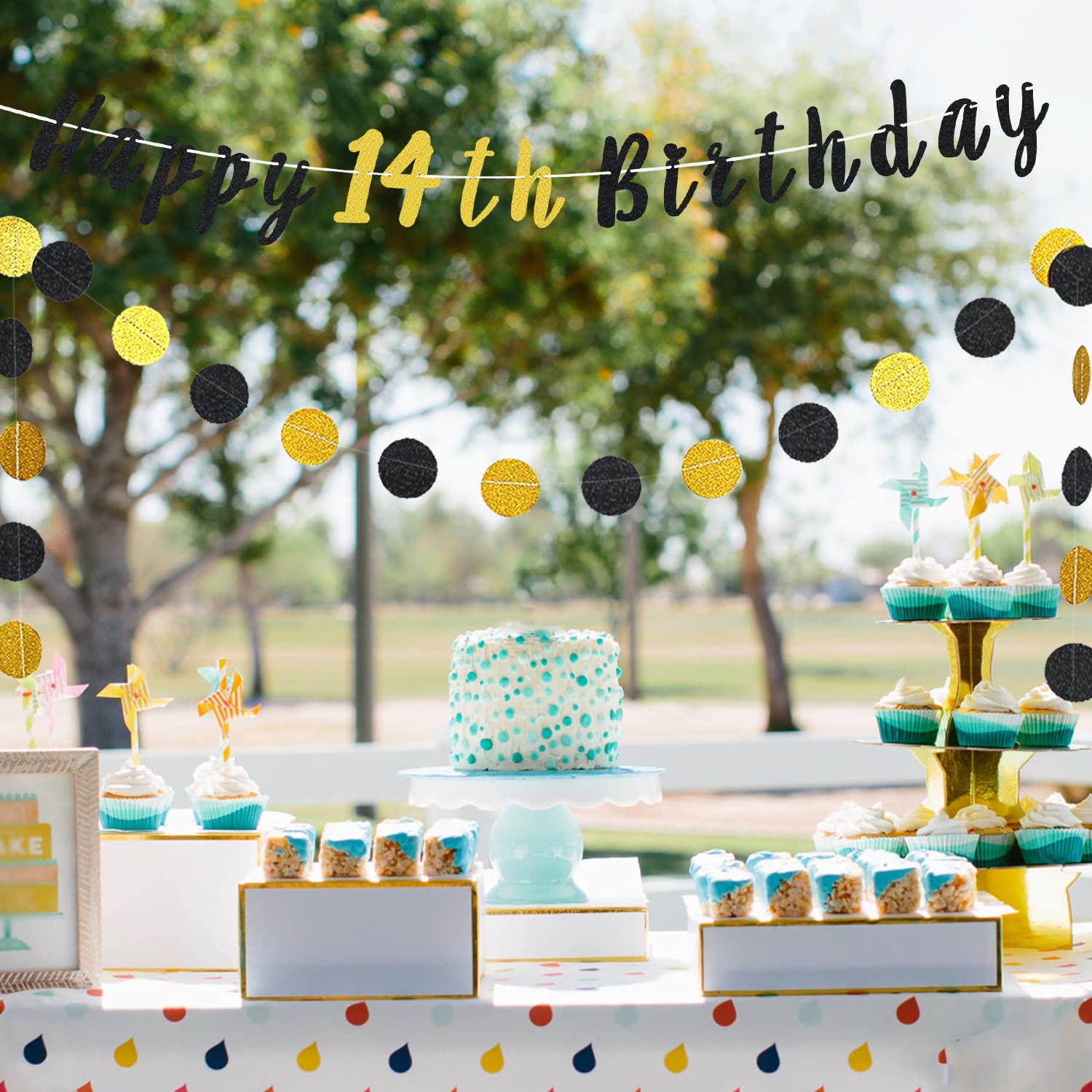 LASKYER Happy 14th Birthday Banner - Large 78x47 Inch Backdrop For Party Decorations (Gold, Includes Rope) - View #6