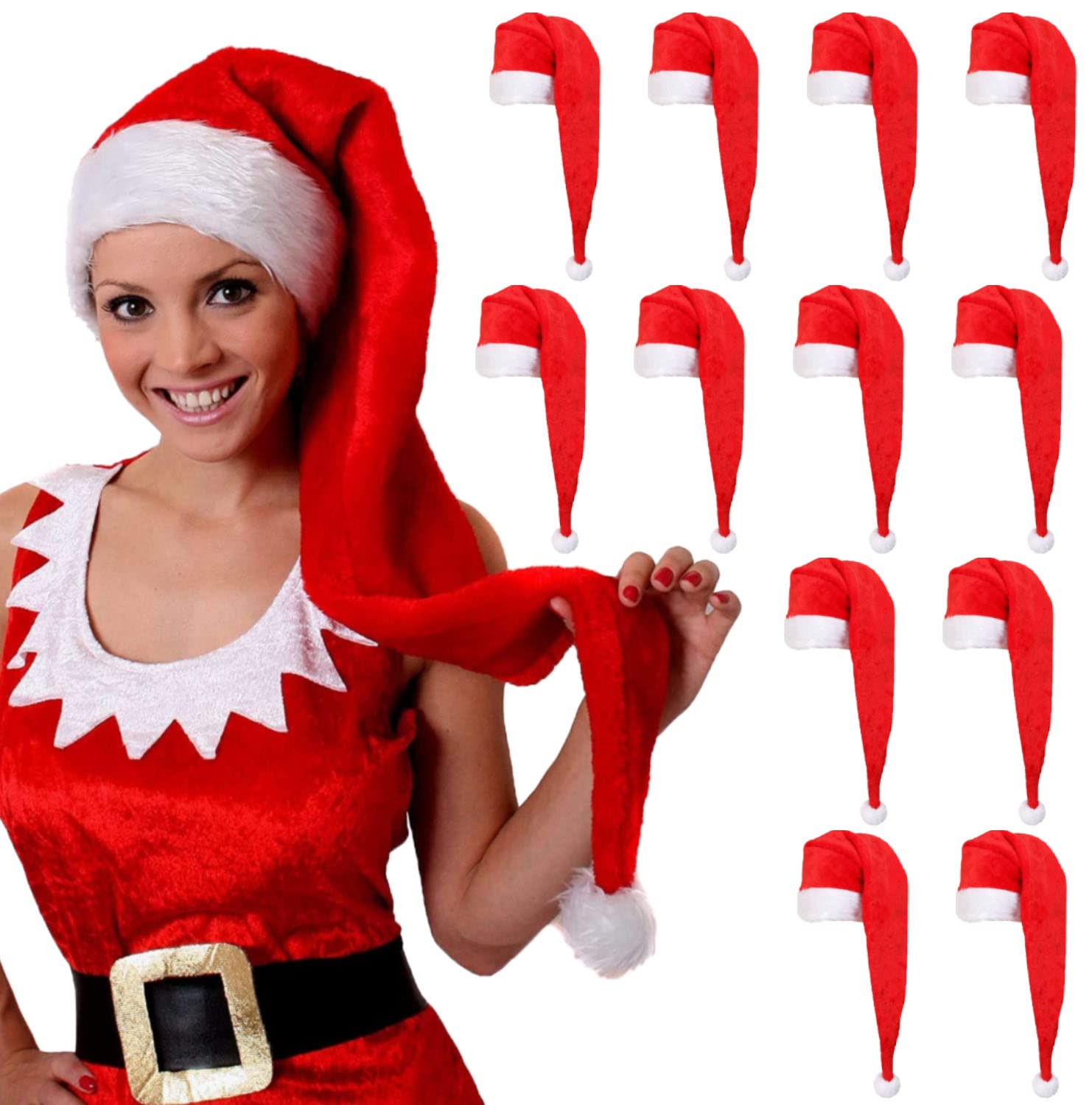 Cappello di Babbo Natale lungo per adulti, confezione da 12, lungo cappello di Babbo Natale in peluche rosso con bordo bianco, accessorio per costume da uomo e donna