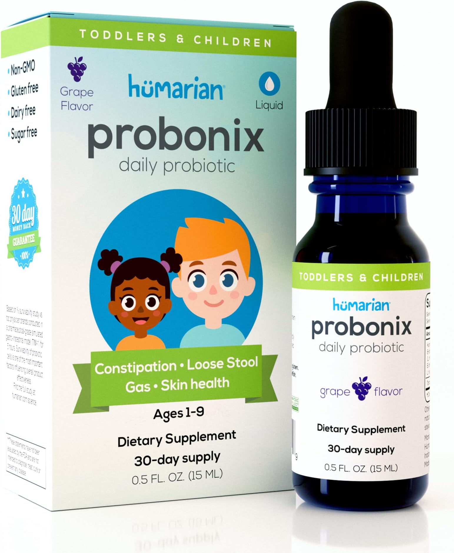 Humarian for Kids Aged 1-9 Years Old - High Bioavailability Liquid Probiotics - Superior 8-Strain Probiotic Drops to Fortify Gut Health, Immunity & More - 30-Day Supply, Tasty Grape Flavor