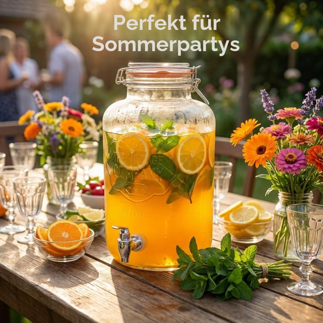 Getränkespender aus Glas mit Zapfhahn, 7.6 Liter Fassungsvermögen, sicherer Schraubdeckel, breiter Flaschenhals/Retro Glas Design, perfekt für Wasser, Saft, Cocktails & mehr