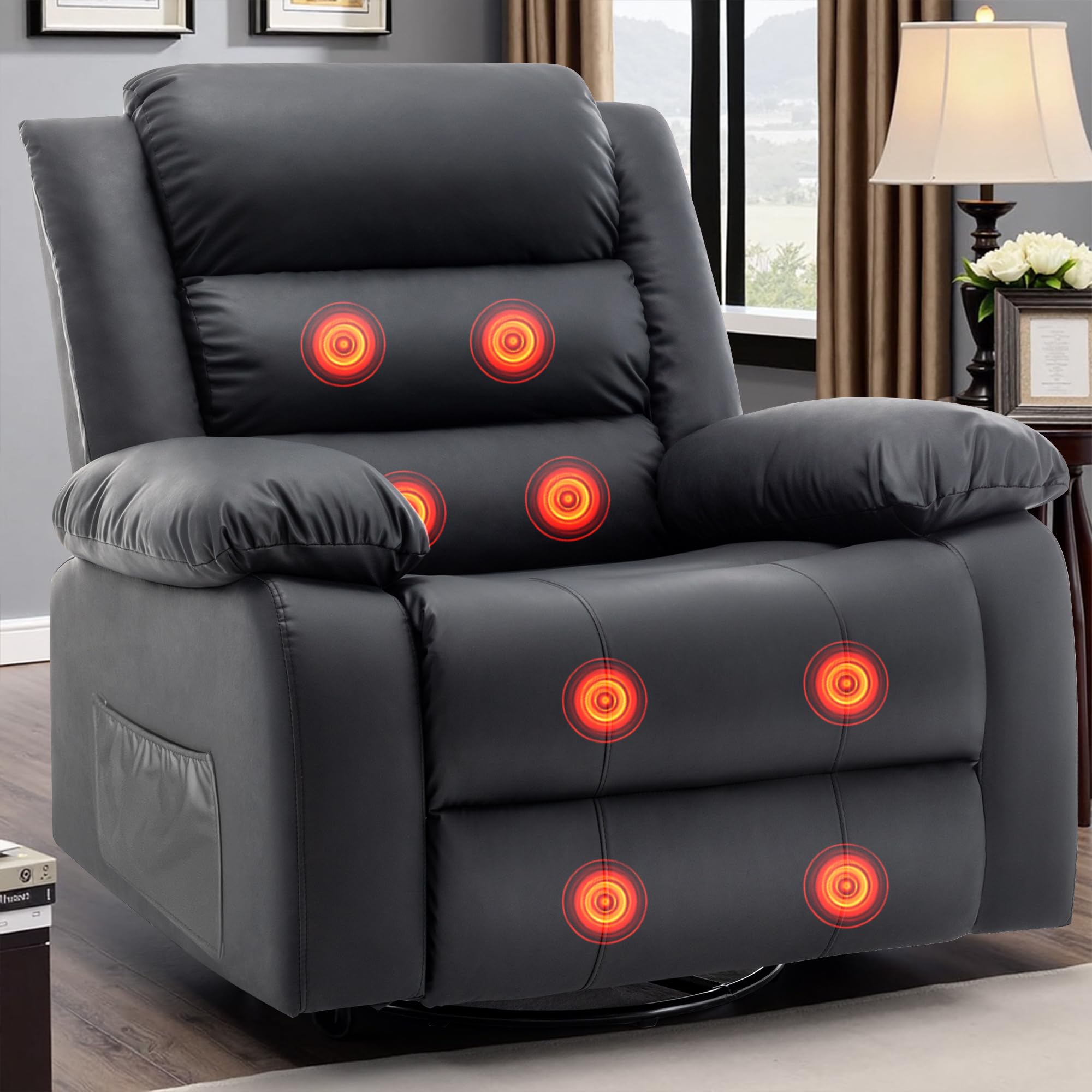 Recliner Chair, Wide Rocker Chair, Pet-Friendly Design, Large Rocking Chair with Massage and Heat,360°Swivel Nursery Rocking Chair, Oversized Recliner for Adults, Black Reclining Sofa for Living Room